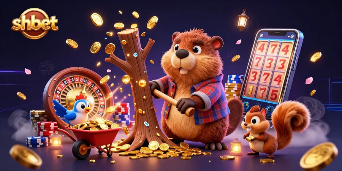 Win big at shbet with a lively casino scene featuring a beaver, bird, and squirrel amidst gold coins and poker chips.