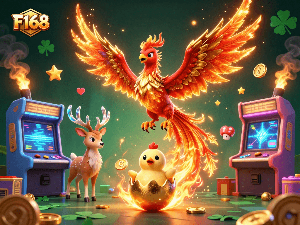 Experience thrilling moments with F168 as golden phoenix and baby hatch amidst vibrant casino elements.