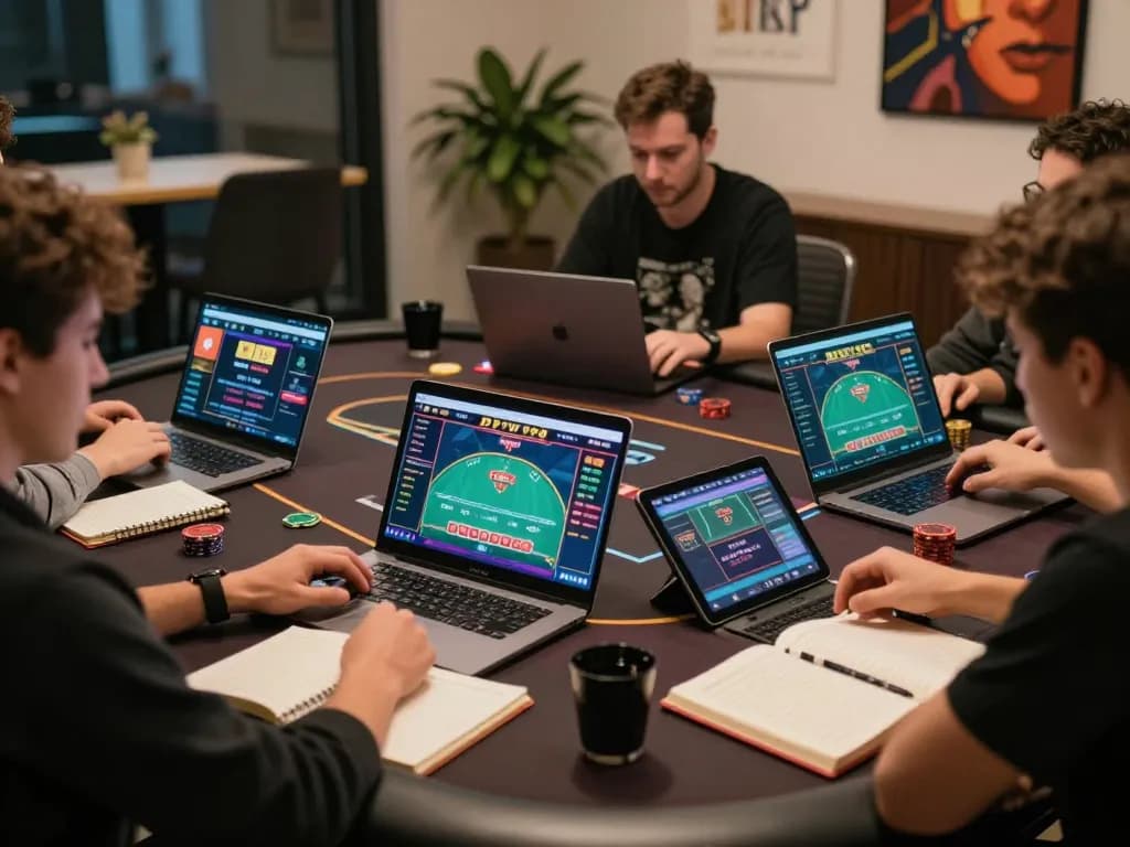 Pemain terlibat dalam poker online di DEWI999, menunjukkan taktik dengan laptop dan suasana yang nyaman