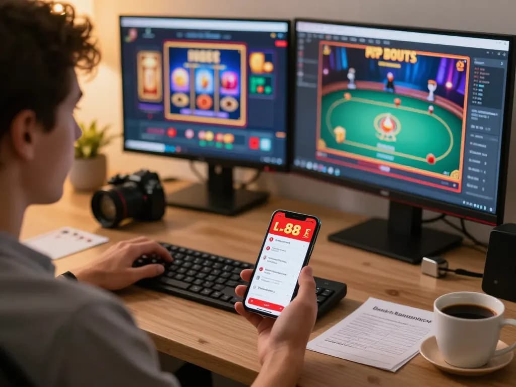 Engage in strategic gameplay with the red88 betting app on a smartphone in a cozy home office.