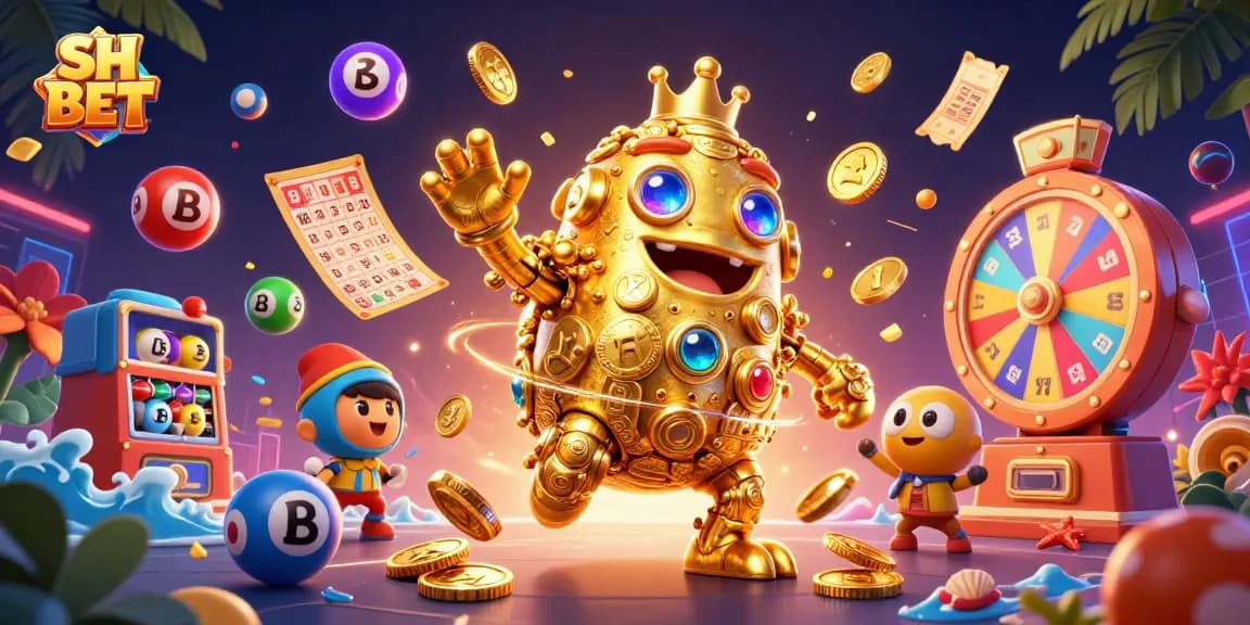 Experience the excitement of SH BET with a dynamic display of lottery balls, golden golem, and casino treasures.