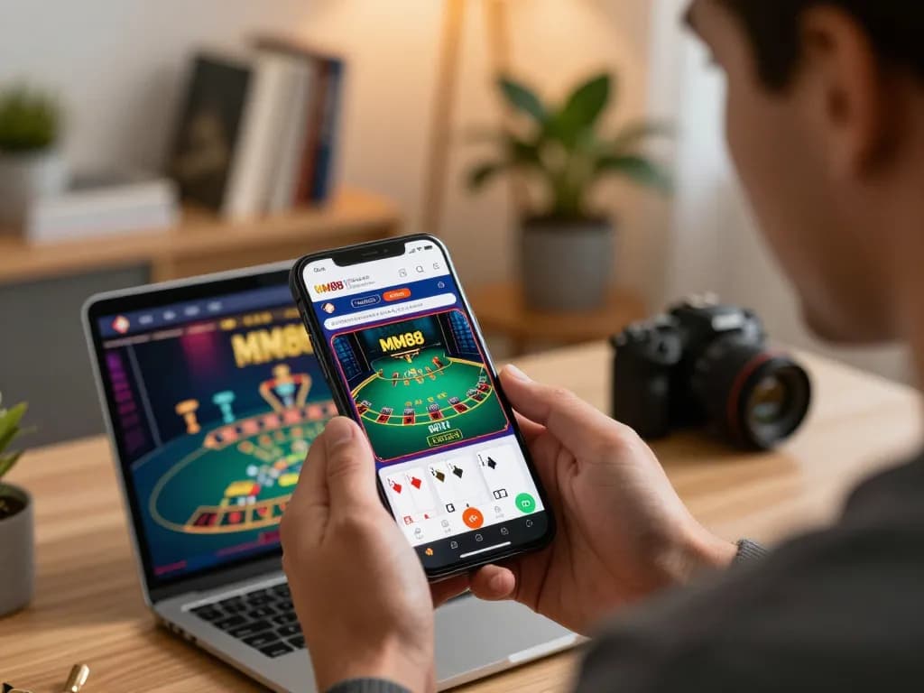 Player enjoying game on MM88 mobile app in cozy home setting