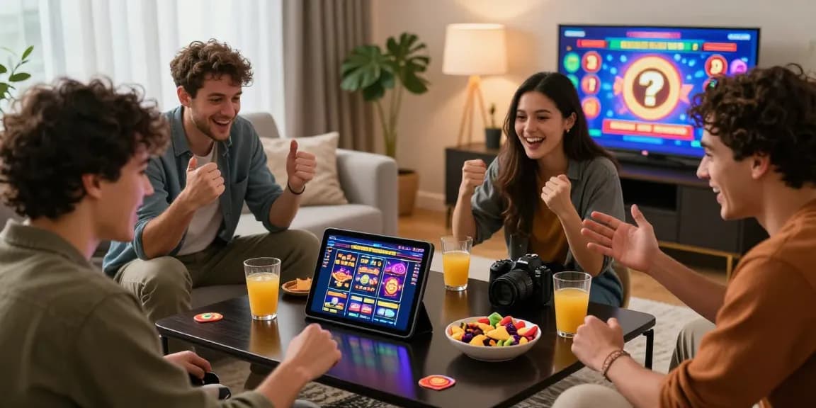 Friends enjoying new online slot sites on a tablet in a cozy living room, showcasing excitement and community.