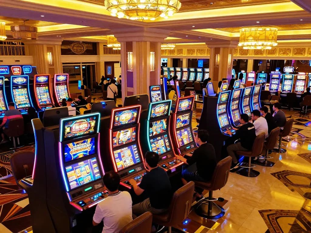 Pemain Aman788 menikmati mesin slot yang berwarna-warni di lingkungan kasino yang mewah.