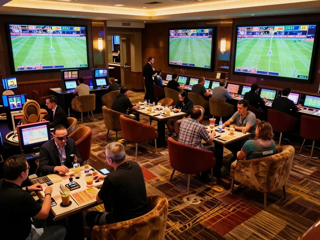 The excitement of kèo nhà cái hôm nay unfolds in a lively sports betting lounge, with energetic bettors engaging with live odds on multiple screens.