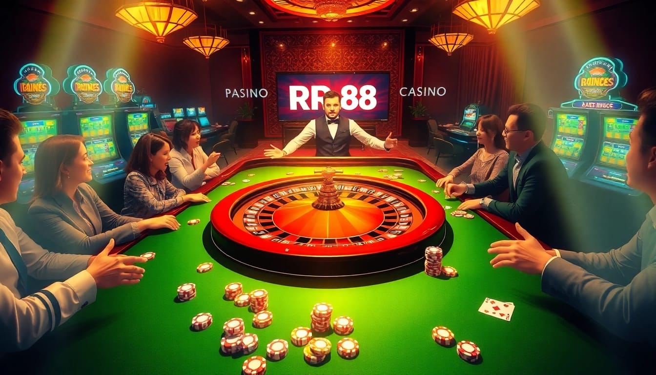 Exciting roulette action at RR88 casino with vibrant players and colorful chips.