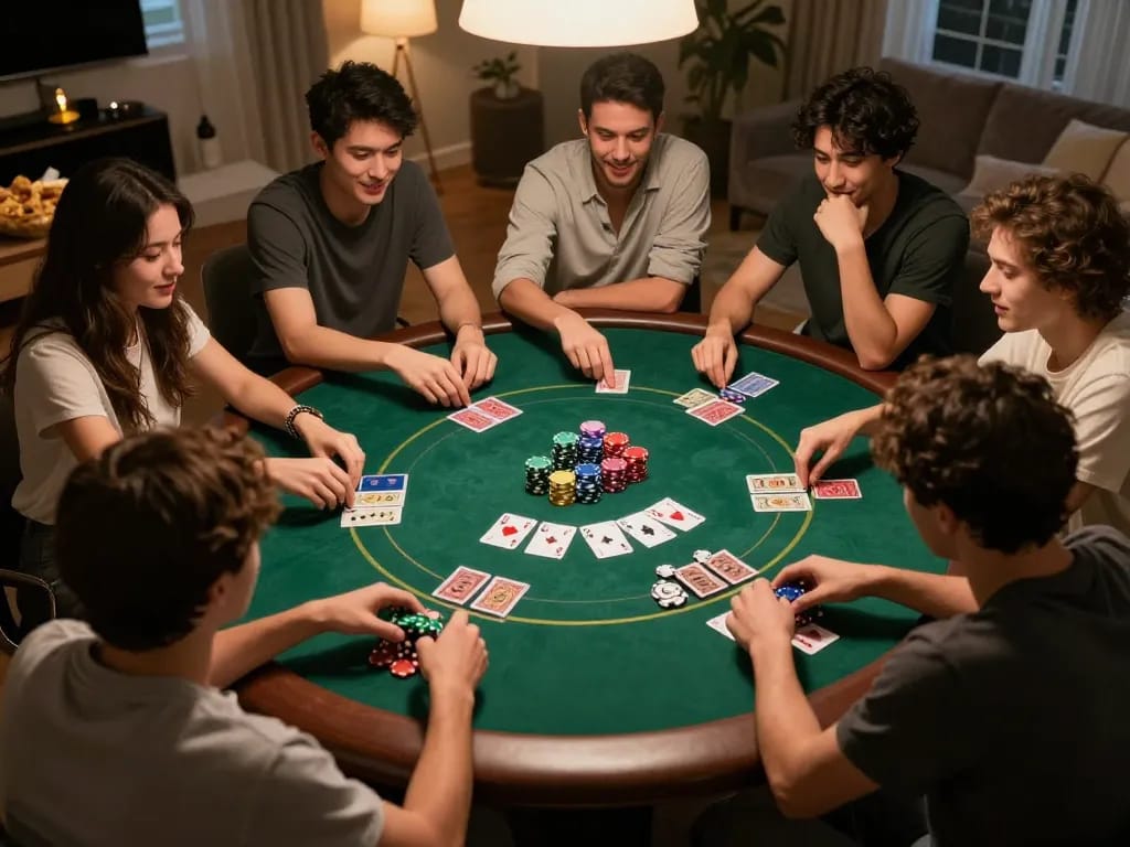 UU88 home poker night with friends enjoying strategic gameplay and vibrant chips.