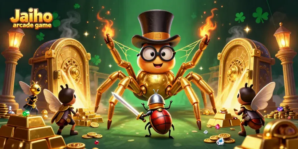 Engage with the captivating Jaiho arcade game, featuring a golden tarantula and treasure-filled casino elements.