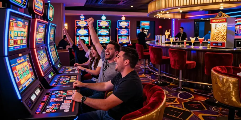 Excited players enjoying a Lucky777 casino experience, celebrating jackpots at vibrant slot machines.