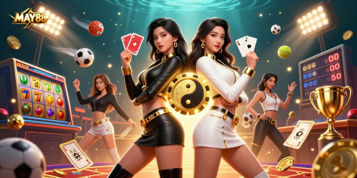 MAY88 showcases twin Asian women in a dynamic casino scene, with vibrant elements enhancing excitement.