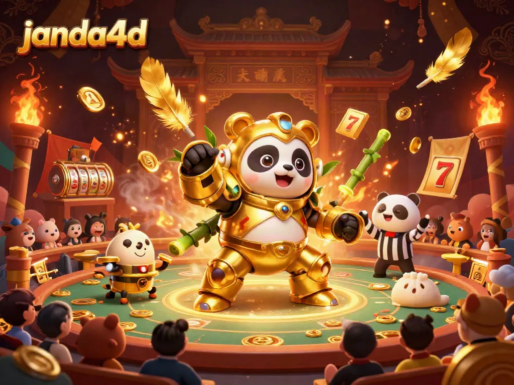 Gambarkan keseruan bermain di janda4d dengan panda emas dan robot bertarung di arena.