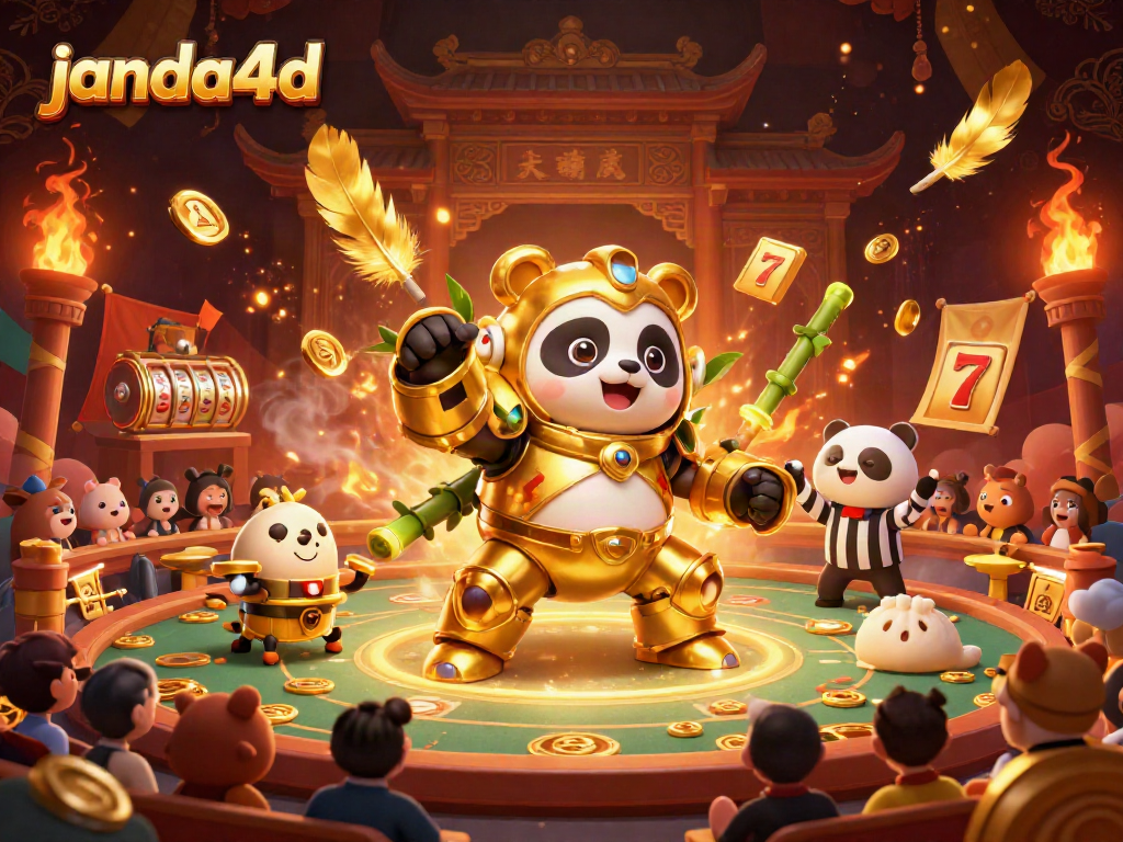 Gambarkan keseruan bermain di janda4d dengan panda emas dan robot bertarung di arena.