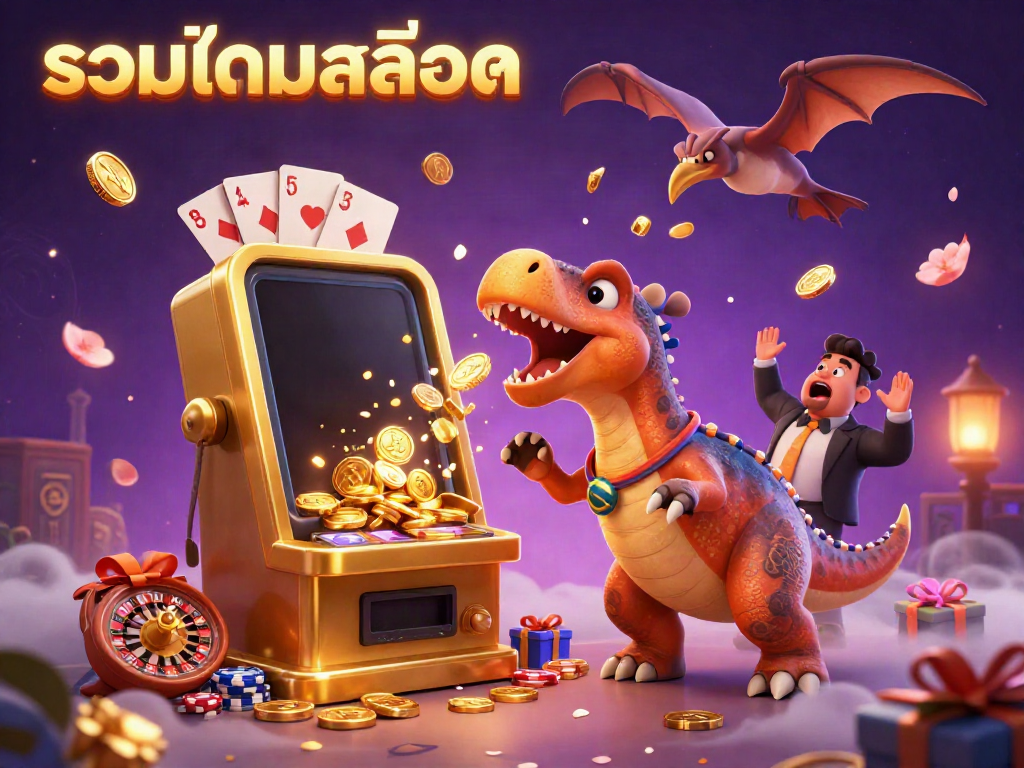 Exciting scene of รวมเกมสล็อต with a cartoon dinosaur triggering jackpot wins while coins fly in a vibrant casino setting.