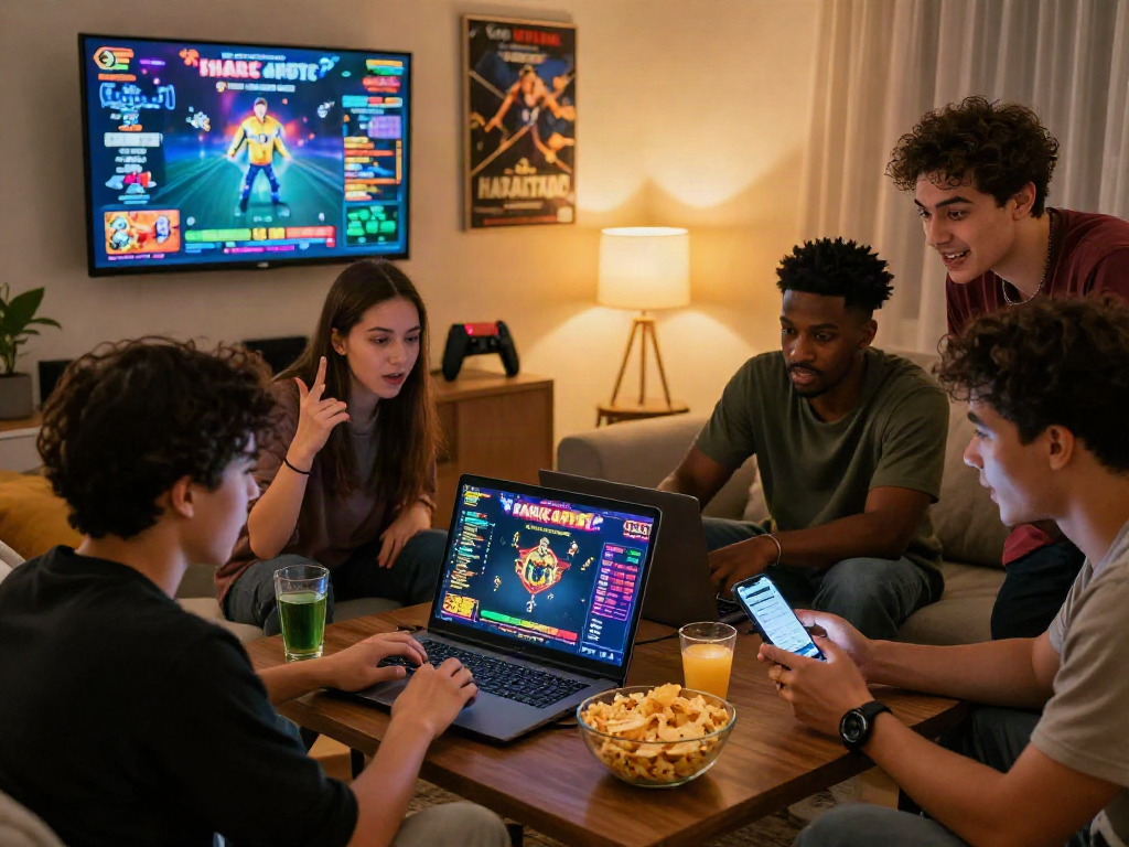 Friends enjoying an engaging hargatoto gaming night with snacks and strategy discussions.
