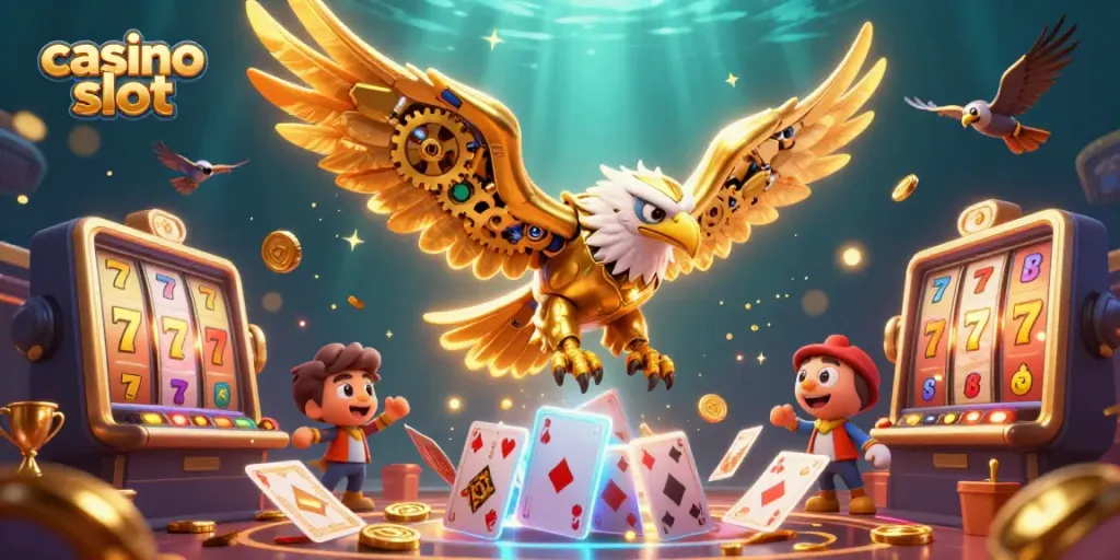 Experience the thrill of casino slot action with a 3D golden eagle and dynamic slot elements.