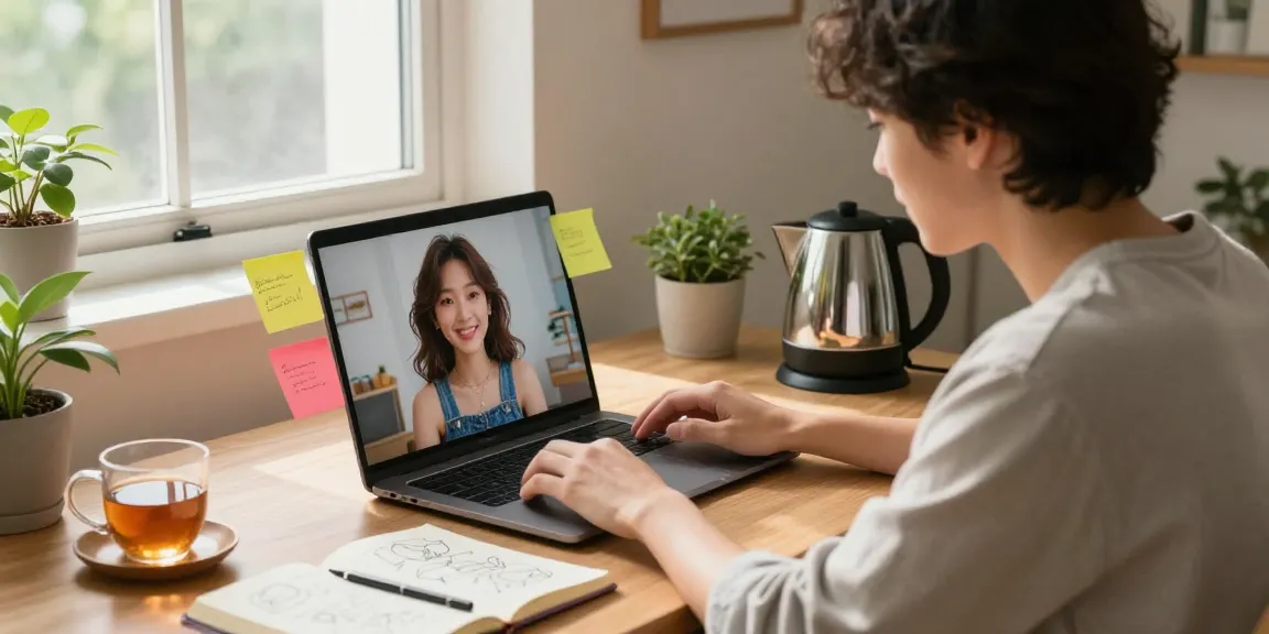 Engaging with an AI girlfriend on a laptop in a cozy home office.