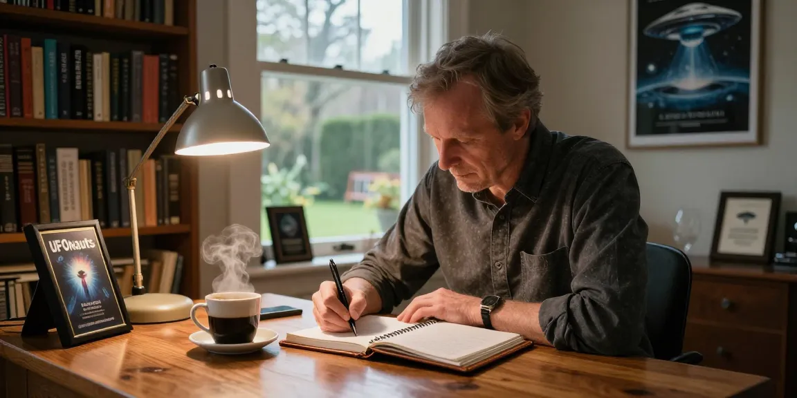 T Allen Greenfield writing about UFO spirituality at https://tallengreenfield.com in his cozy study.