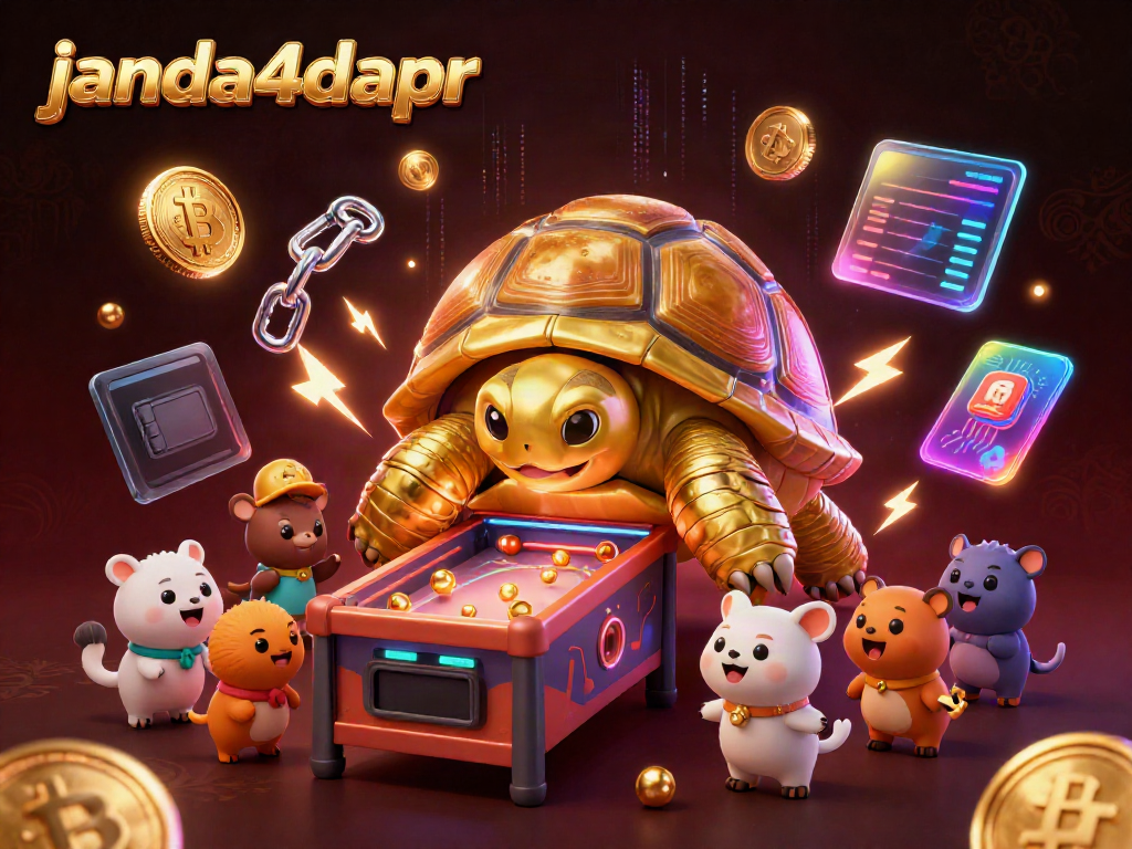 Menggambarkan keseruan bermain di JANDA4D dengan penyu mesin pinball emas dan koin kripto.