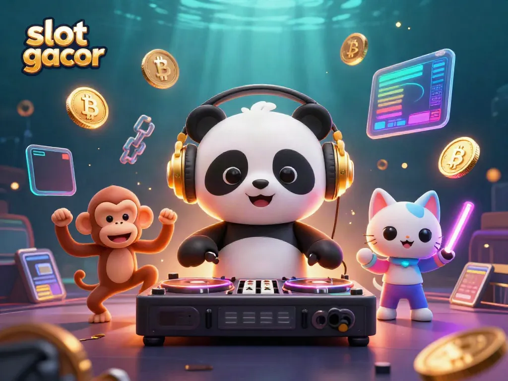 Menyajikan slot gacor melalui ilustrasi 3D yang ceria dengan panda DJ dan kucing bersinar.