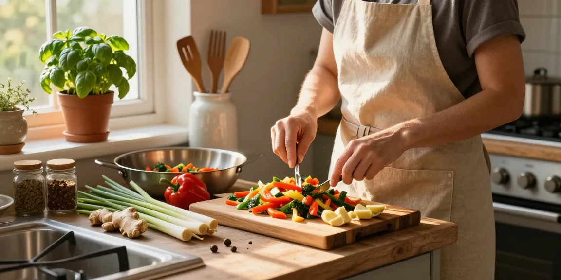 Delicious vegetable stir-fry with fresh ingredients like ginger and lemongrass in a home kitchen, showcasing the appeal of healthy cooking, สล็อต.