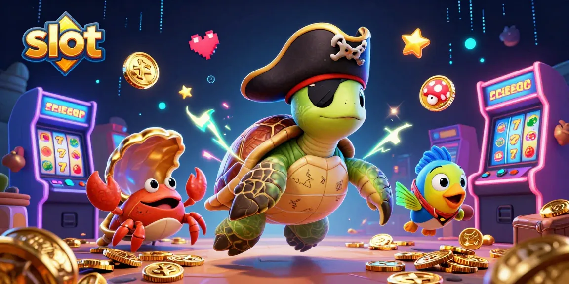 Spin the slot machines with a colorful 3D pirate turtle, glowing symbols, and rich treasures.