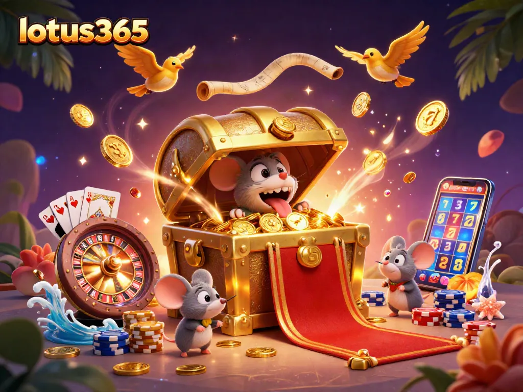 Join lotus365 for thrilling sports betting with golden coins and slots in a vibrant casino scene.
