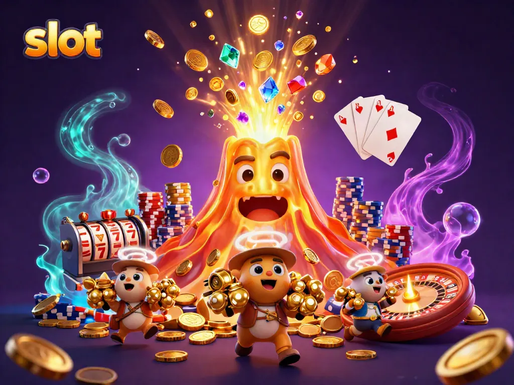 Slot gacor dengan semburan koin dan harta, di latar belakang ungu magis, untuk menarik pemain.