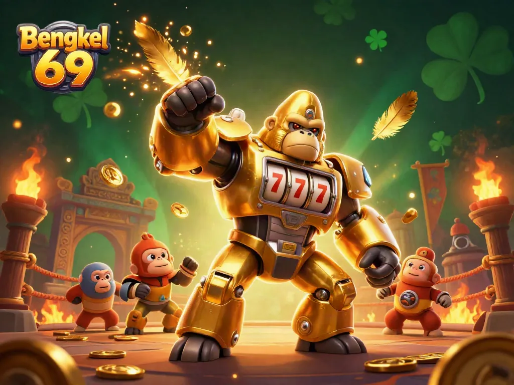 Engage with the vibrant gaming scene featuring Bengkel 69's golden gorilla mech and dynamic slot machine elements.