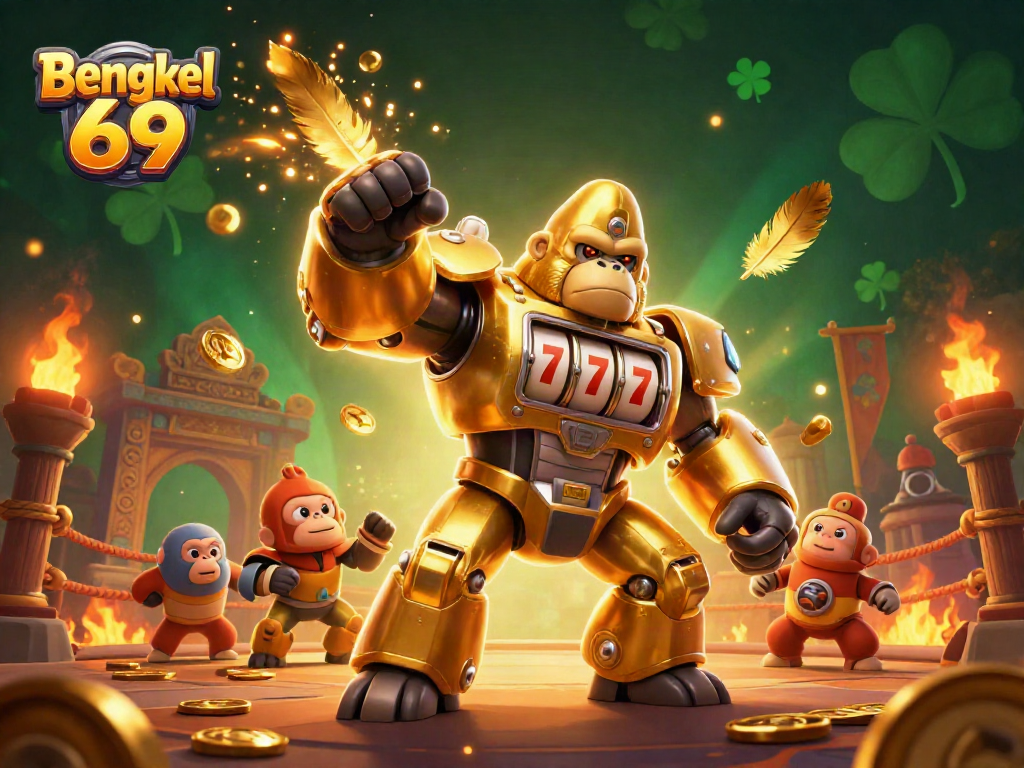 Engage with the vibrant gaming scene featuring Bengkel 69's golden gorilla mech and dynamic slot machine elements.