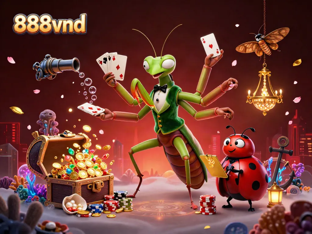Experience the thrills of 888vnd with a vibrant 3D scene showcasing a giant mantis card sharp amidst dynamic casino elements.