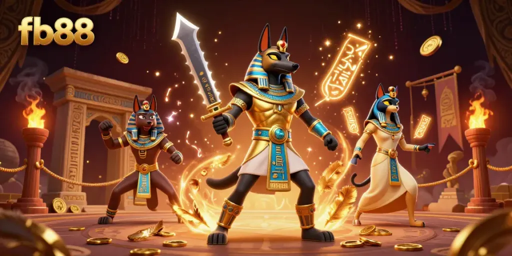 Experience thrilling action with fb88 as Anubis and Bastet engage in an epic online casino battle.