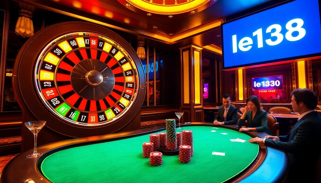 Experience thrilling gameplay at lego138 with glamorous casino scenery featuring poker chips and a roulette wheel.