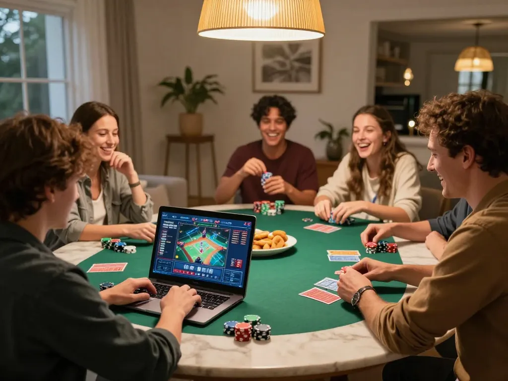 Rikvip players enjoying an engaging poker night at home with chips and laughter