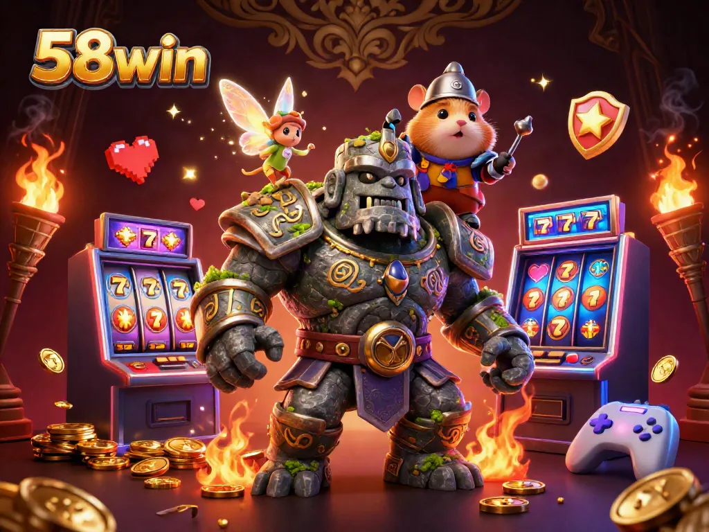 Play thrilling games at 58win with vibrant slot machines, a magical golem, and a knight.