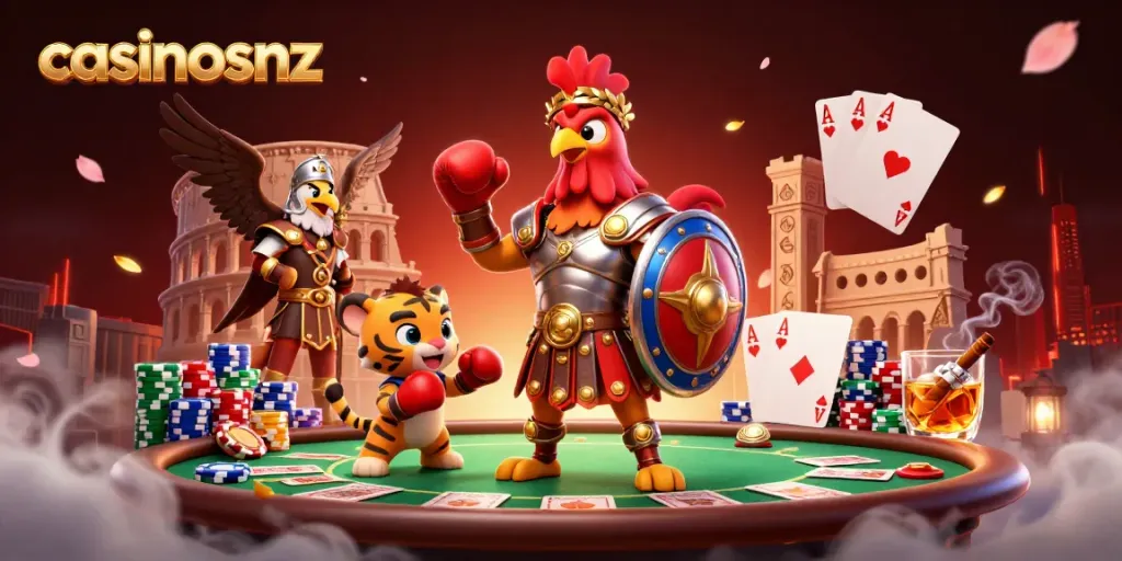 Experience thrilling action at casinosnz with a gladiator rooster, poker chips, and vibrant game elements.