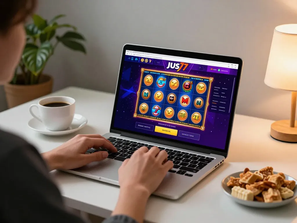 Mainkan permainan slot jus77 yang mendebarkan di setup nyaman dengan laptop dan camilan di sampingnya.