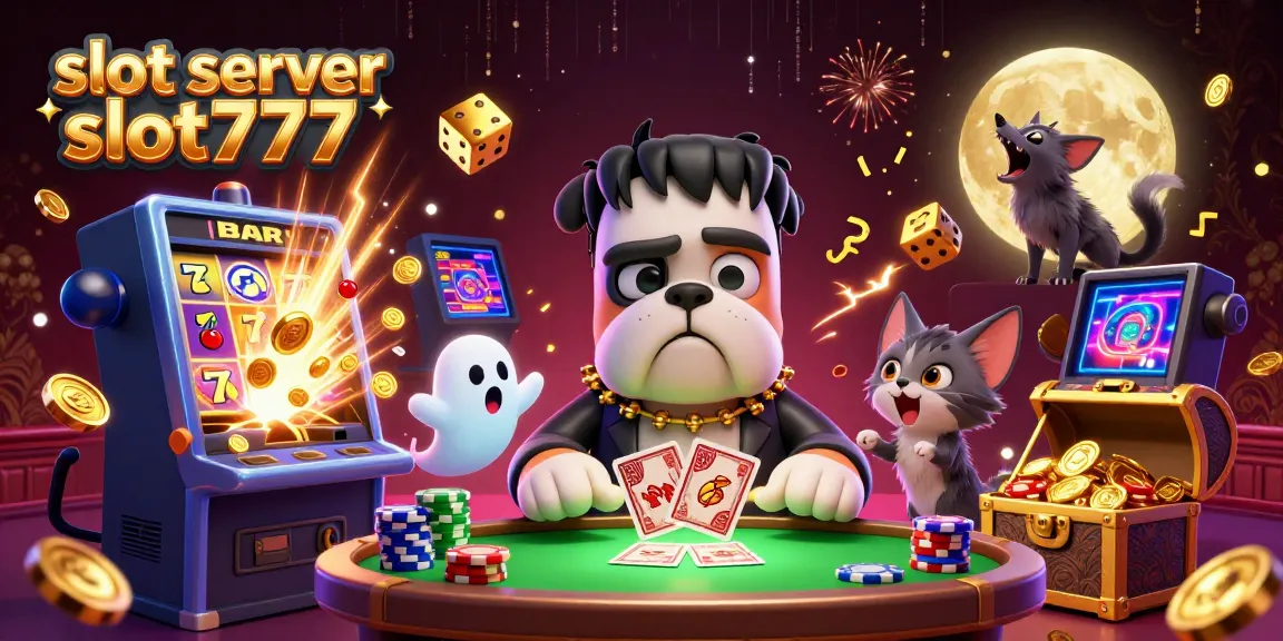 Mengakses slot server slot777 yang menarik dengan Frankenstein bulldog dan kitten di meja kasino digital.