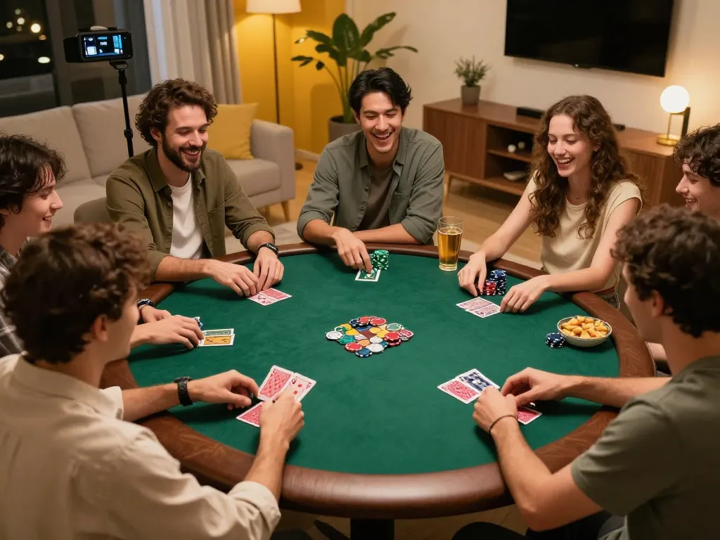 Friends enjoying a poker night at home while using strategies from tr88vina, showcasing an engaging atmosphere.