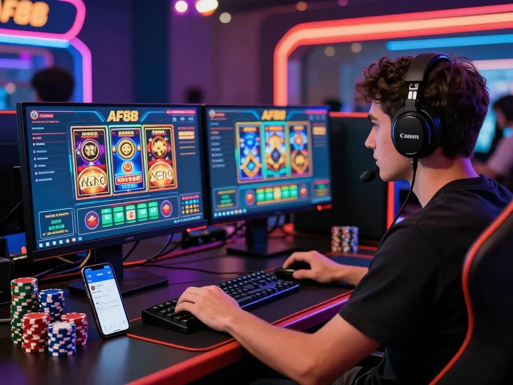 Player experiencing AF88's immersive gaming environment with vibrant casino lights and top-notch technology.
