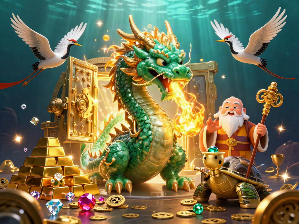 Experience thrilling gaming moments at fb88 with a vibrant scene of a jade dragon, a turtle sage, and gems.