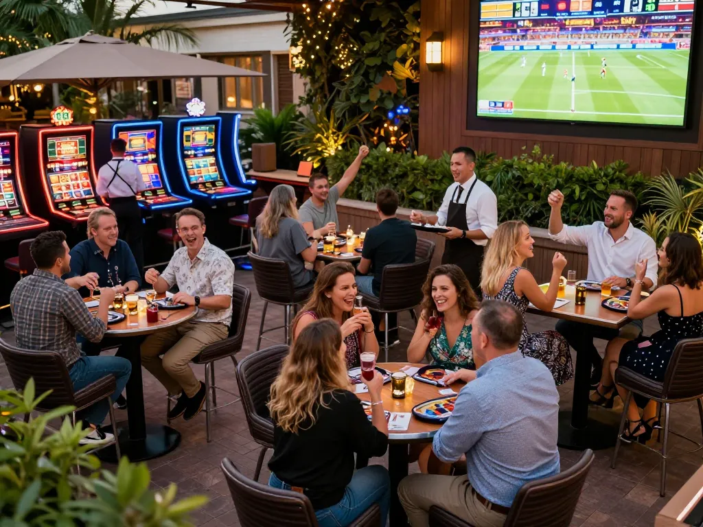 Guests celebrating and placing bets at an outdoor casino terrace, luckyindex highlights gaming fun.