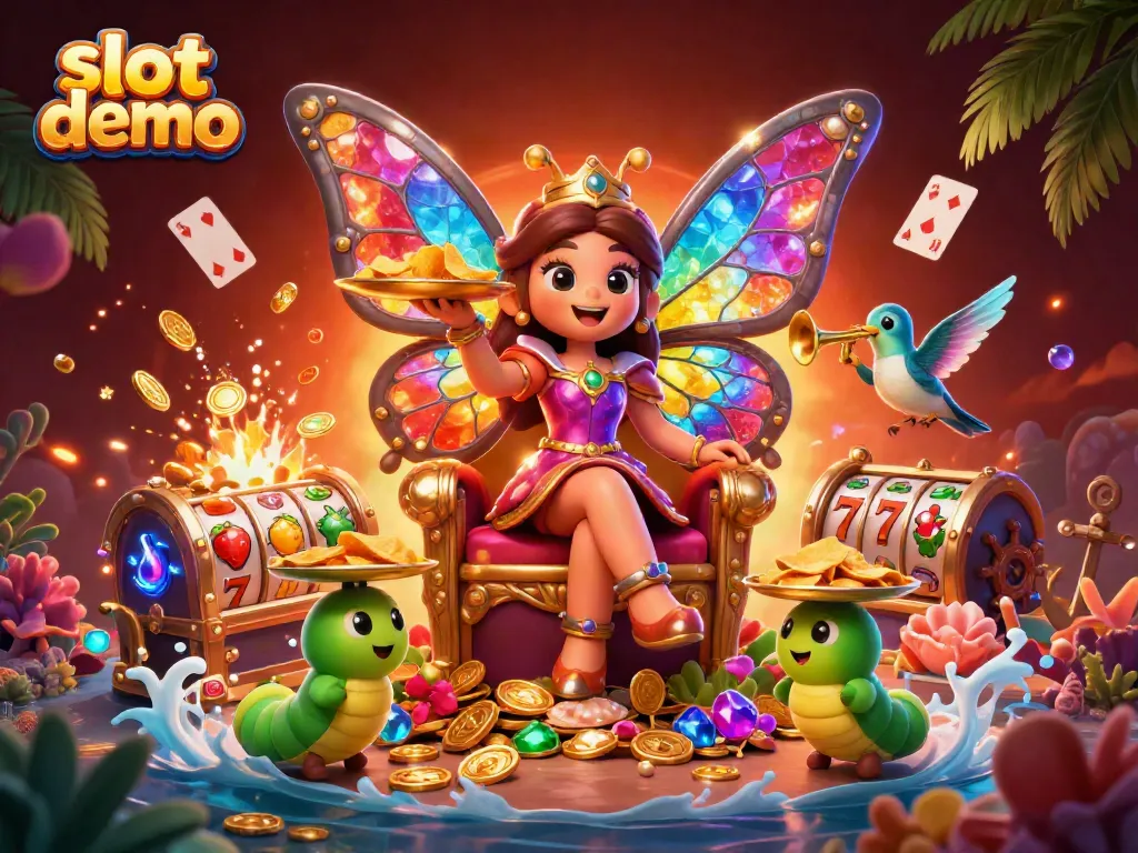 Slot demo menampilkan ratu kupu-kupu 3D dan elemen kasino yang kaya untuk permainan slot digital.