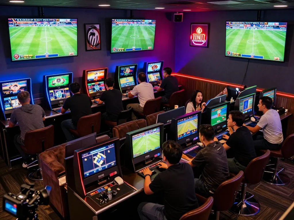 Engaged bettors analyzing strategies for เดิมพันลูกเตะมุม during live football matches in an upscale lounge.