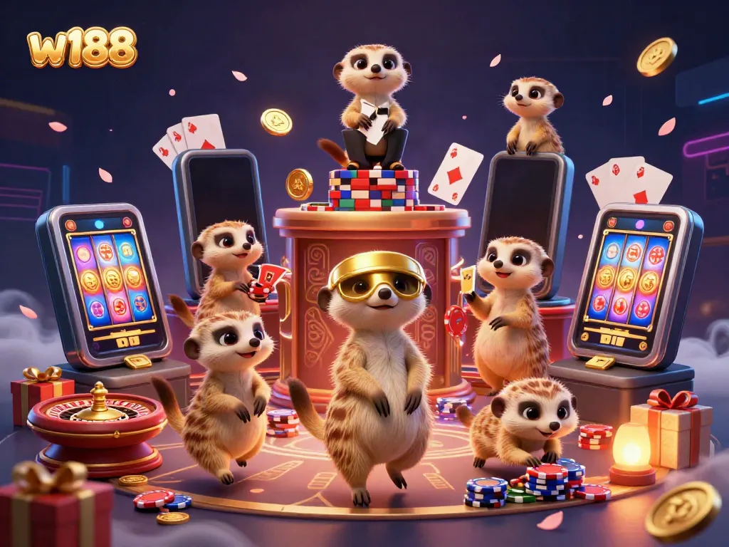 Experience the lively w188 casino scene with meerkats operating games and chips flying in the air.