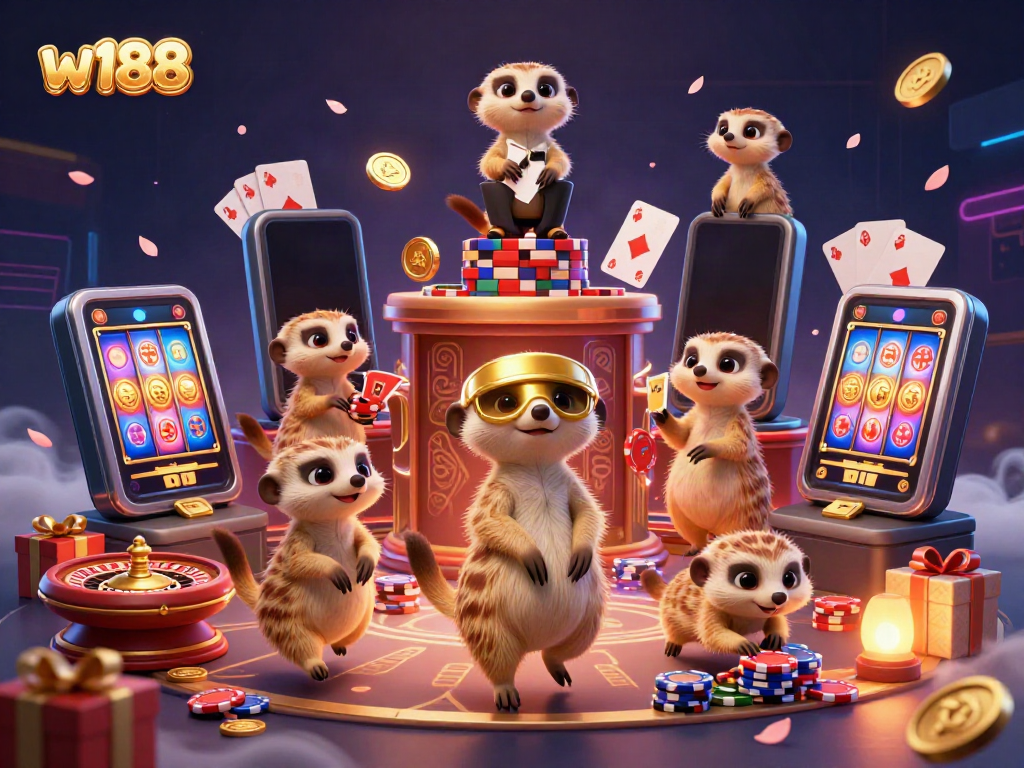 Experience the lively w188 casino scene with meerkats operating games and chips flying in the air.
