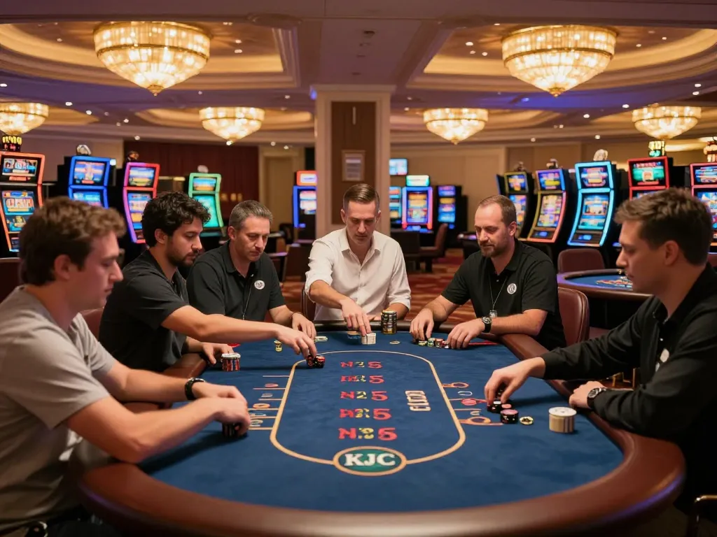 Players enjoying a vibrant poker game at KJC casino, showcasing dynamic gameplay and interactive dealer moments.
