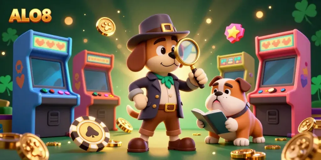 Experience thrills at ALO8 with engaging gaming and vibrant casino elements in a lively illustration.