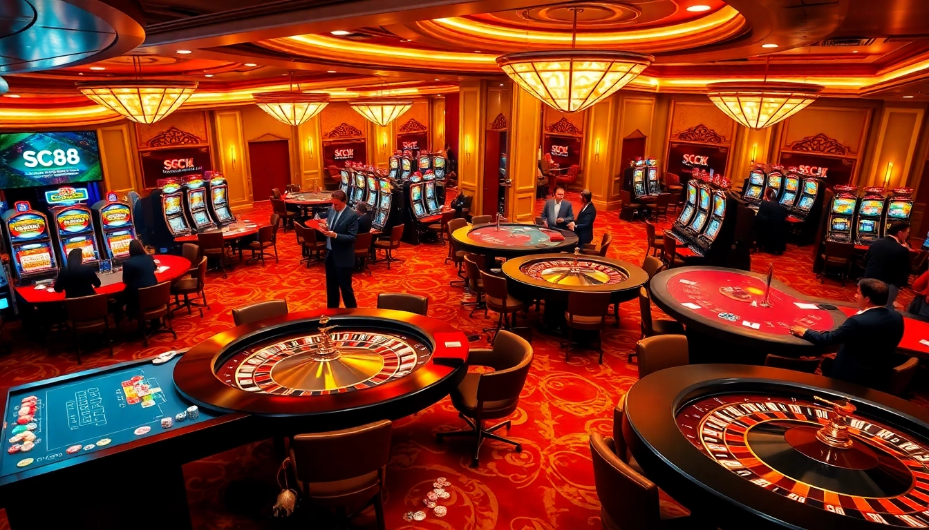 Players enjoying exciting games at SC88's vibrant casino atmosphere filled with luxury.