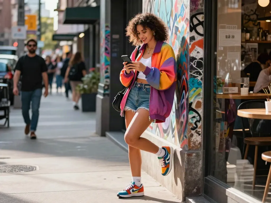 Young woman in trendy streetwear exploring akunjp fashion in a vibrant urban setting.