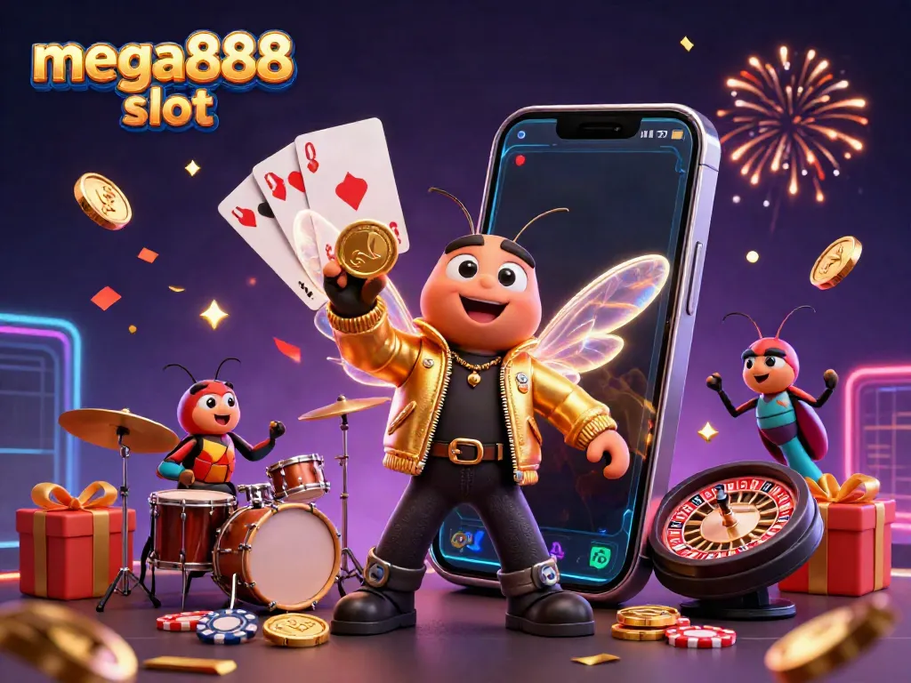 Engage with the mega888 slot experience through a dynamic 3D illustration depicting slot action and characters.